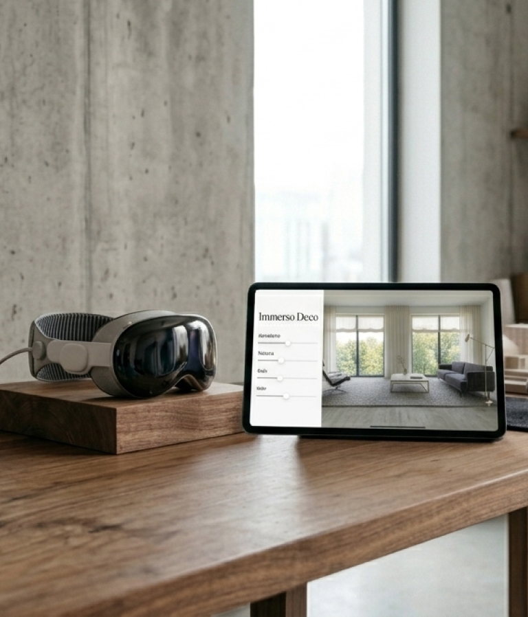 Apple Vision Pro headset on a wooden desk next to an iPad displaying the Immerso Deco interface with room preview and lighting controls