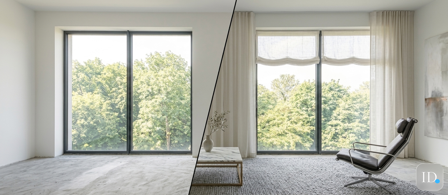 Before and after interior design visualization — empty room transformed into a furnished living space with curtains, marble coffee table, and designer chair