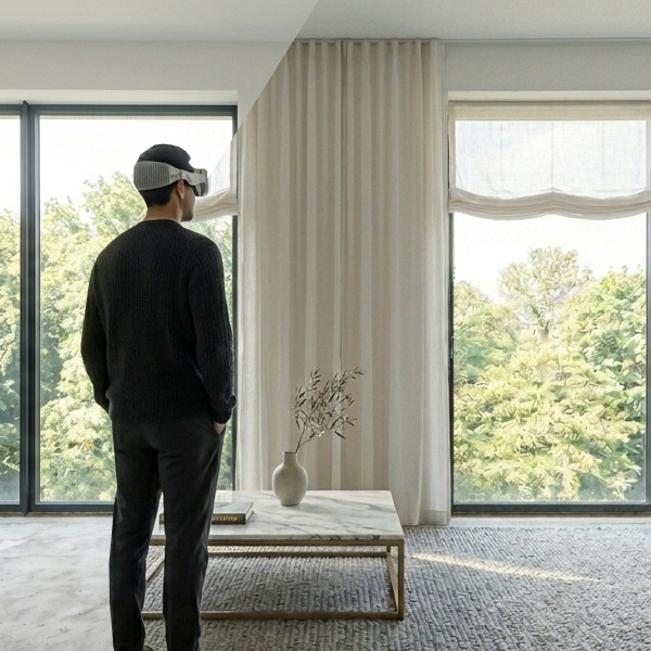 Person wearing Apple Vision Pro standing in a furnished living room with large windows and natural light, experiencing an immersive interior design walkthrough